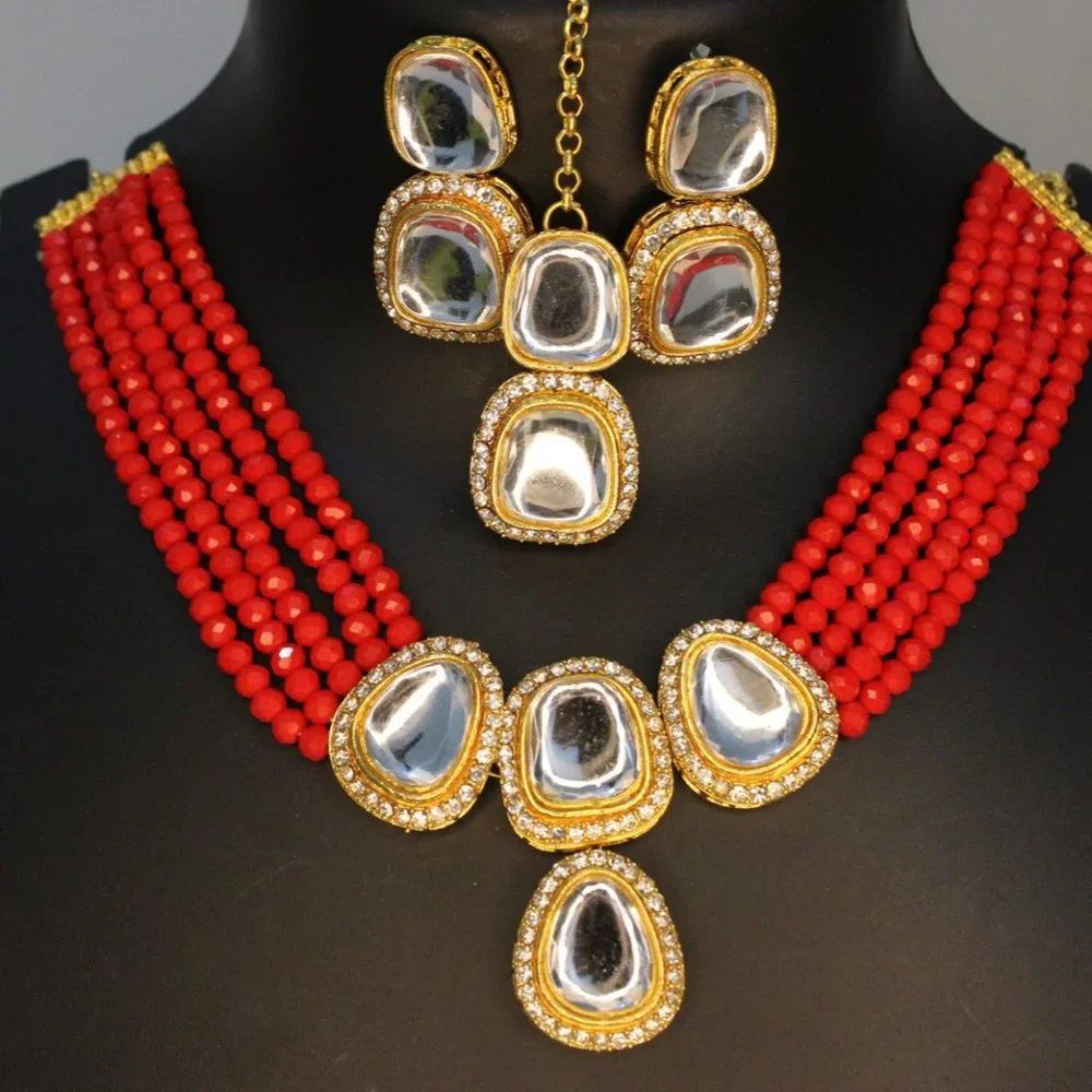 Red Kundan Jewellery Set Red Pearl Jewellery Red Pearl Necklace Polki Jewellery - Picture 2 of 2